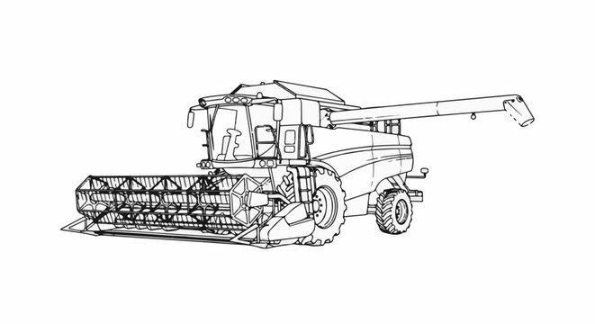 A detailed line drawing shows a large agricultural combine harvester machine