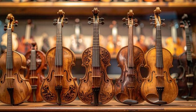 Ornate Vintage Violins Collection Showcasing Exquisite Wood Carvings and Craftsmanship
