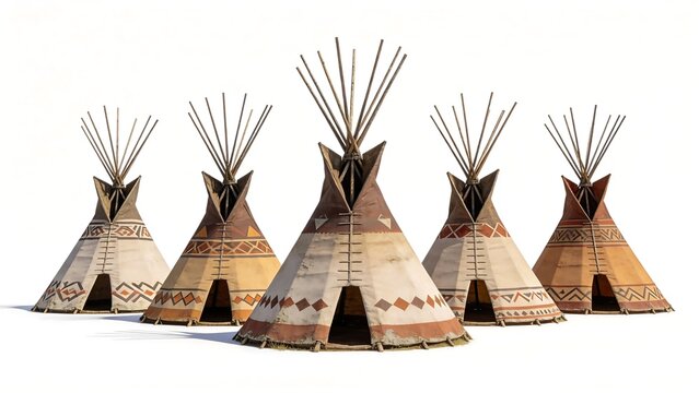 Native American teepees with decorative patterns