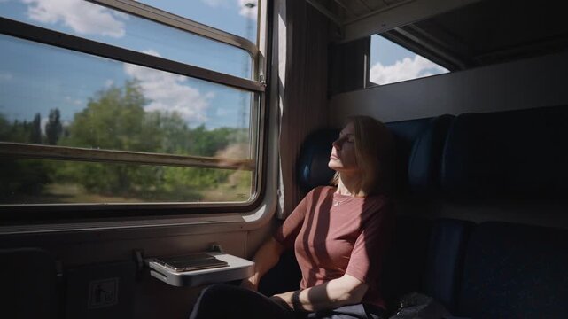 Mature woman sitting in a dark train compartment enjoying the sunlight on her face while looking out the window at the passing scenery