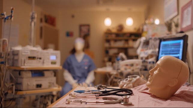 Focused medium shot of an exam room setup featuring clinical instruments on a table with a nurse mannequin and monitoring devices softly out of focus in the background.