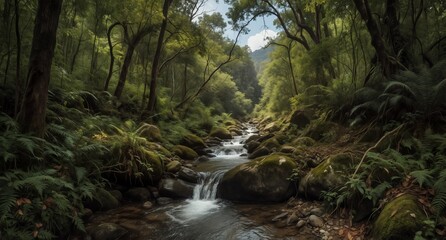 Fototapeta premium Serene forest stream flowing over mossy rocks in lush green woodland
