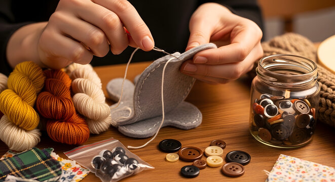 Making a felt doll. Yarn, button eyes, textiles, home comfort.
