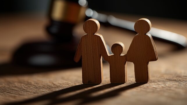 Figurines en bois repr&eacute;sentant une famille avec un marteau de juge
