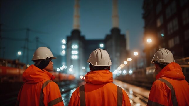 Trois ouvriers en gilets orange observent un chantier industriel nocturne