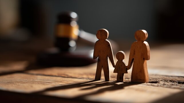 Figurines en bois repr&eacute;sentant une famille sur des documents l&eacute;gaux
