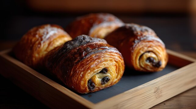 Pains au chocolat dor&eacute;s et feuillet&eacute;s dispos&eacute;s sur une ardoise noire