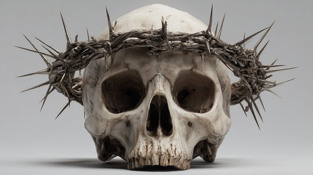 Cr&acirc;ne humain orn&eacute; d'une couronne d'&eacute;pines dans une atmosph&egrave;re gothique