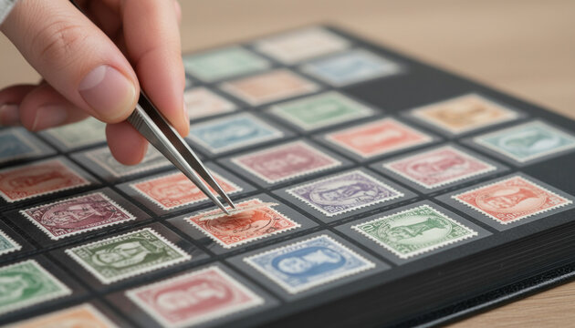 Person uses pen to carefully exchange modern snail mail stamps in cultural collection of pen pals from around world