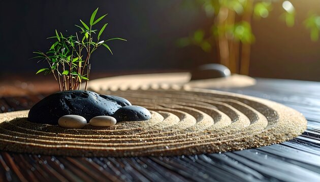 Miniature Zen Garden Arrangement with Smooth Stones and Delicate Bamboo Sprouts on Raked Sand