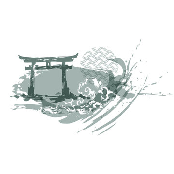 tori gate shintoism abstract brush japanese chinese vector ink traditional asian design isolated