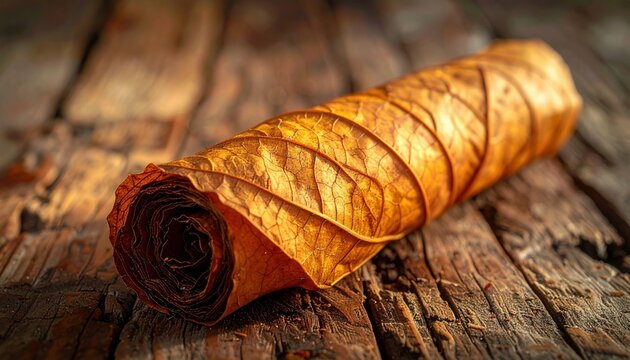 Rolled Tobacco Leaf With Intricate Dry Texture Against Rustic Wooden Background