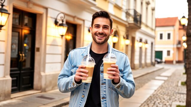A man stands on a street in a city holding two drinks. He smiles at the camera while enjoying the urban scene. Buildings line the street, creating a vibrant backdrop