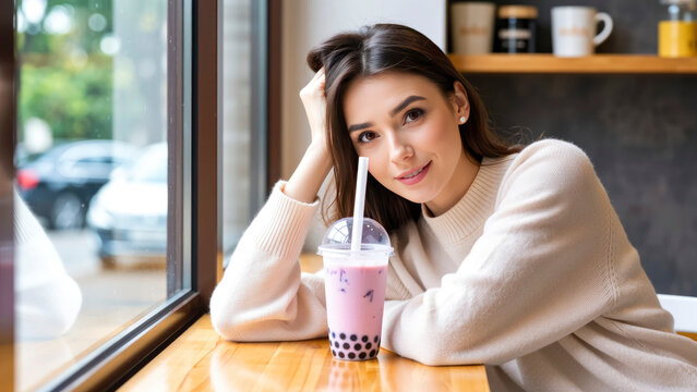 A young woman sits at a wooden table in a cafe, resting her head on her hand. She has a bubble tea drink with a straw next to her. Cars and people can be seen passing by outside the window