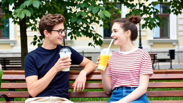 Two individuals sit on a wooden bench in a park. They hold drinks and smile at each other. Bright sunlight shines through the trees. The scene shows a casual moment of connection