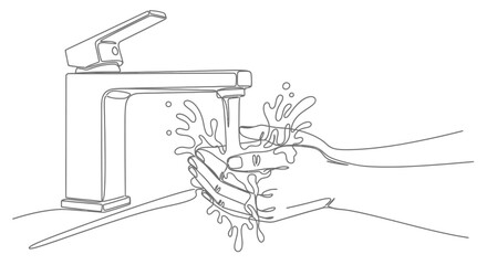 Obraz premium Washing hands under running water from modern faucet with hand washing daily routine line art