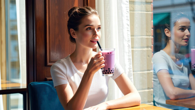 A young woman sips bubble tea while sitting in a cafe. She looks relaxed as sunlight streams through the window. The setting feels lively and warm