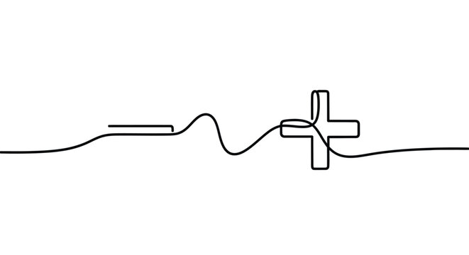 Heartbeat line with plus and minus symbols single line drawing line art white background