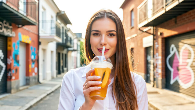 A young woman stands in a city street holding a cold drink with a straw. Colorful graffiti covers the nearby walls, and the sun is shining down brightly