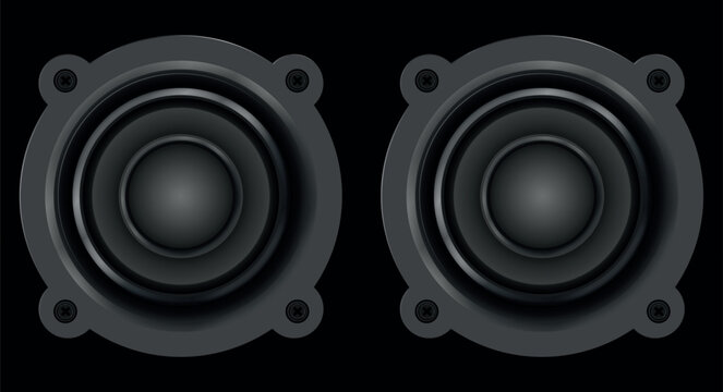 Two realistic speakers on black background, audio sound system, stereo loudspeakers vector