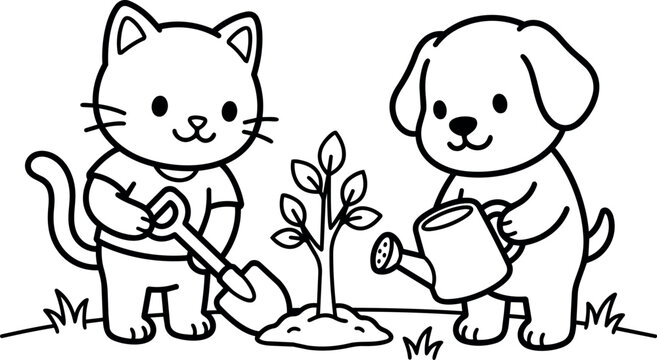 Black and white line art cat digging and dog watering plant illustration