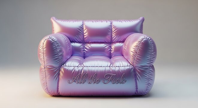 Inflatable purple armchair with All the Feels text, shiny and puffy design