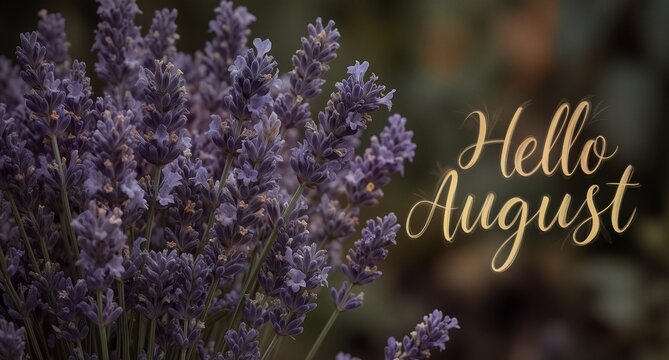 Beautiful purple lavender flowers with Hello August text on dark blurred background