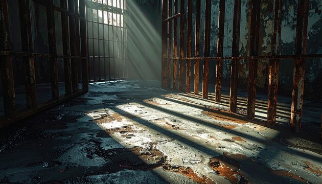 Sunlight streams through rusty bars of an old, abandoned prison cell, casting long shadows across the decaying floor.