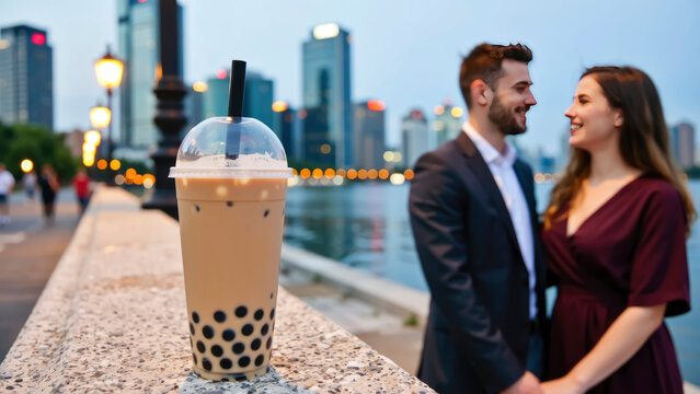 A couple stands close to each other by the water, smiling while holding hands. A glass of bubble tea sits on the edge of a stone barrier as the city lights begin to glow in the evening