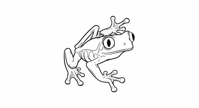 A black and white outline drawing of a red-eyed tree frog