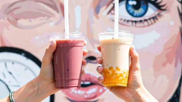 Two people raise drinks against a colorful mural. One drink is pink and the other is light-colored with toppings. The sun shines brightly in the background
