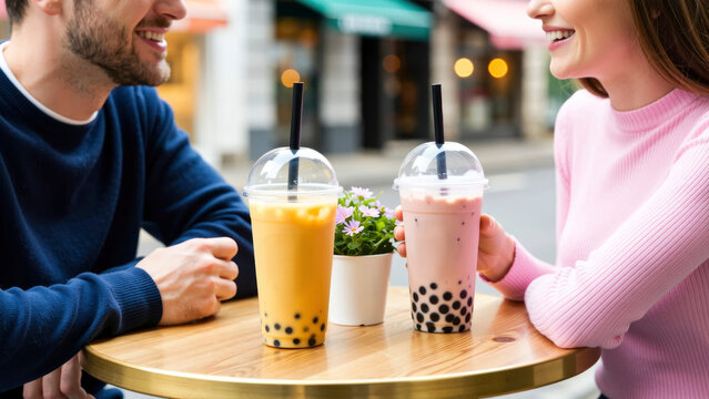 A man and a woman sit at a small round table outside a cafe. They smile and talk while holding drinks with tapioca pearls. A small flower pot sits between them