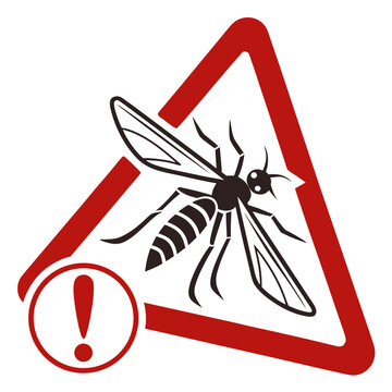 Warning sign with mosquito silhouette and exclamation mark icon indicating insect bite danger and potential virus transmission risk in outdoors.
