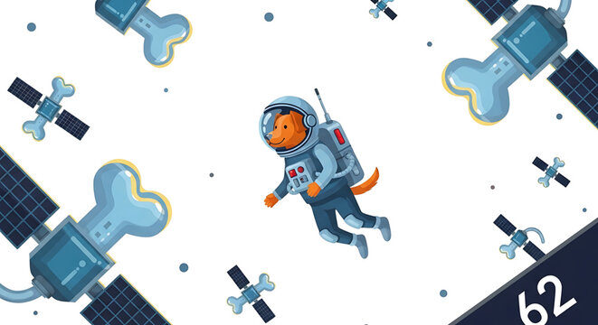A cartoon dog in a spacesuit floats among satellites in space