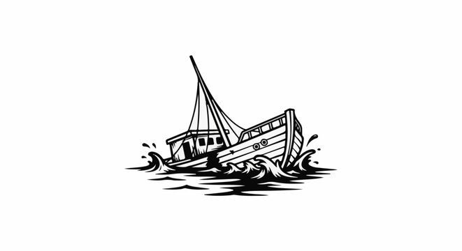 A black and white illustration of a wooden boat capsizing in rough, choppy water