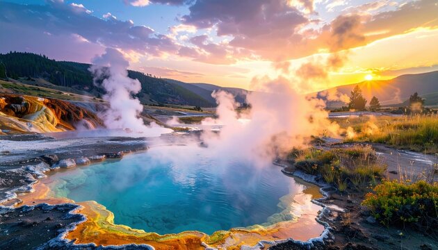 Vibrant Geothermal Hot Springs Bubble with Steam Under a Sunrise Sky in Yellowstone