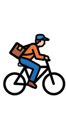 Obraz premium A colorfully illustrated person, wearing a hat and jacket, rides a bicycle with a brown rectangular package on their back. The background is white