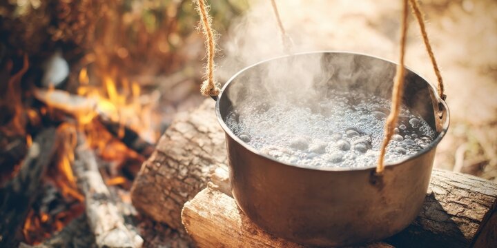 The Pot Boiling Over a Rustic Campfire on a Sunny Outdoor Morning
