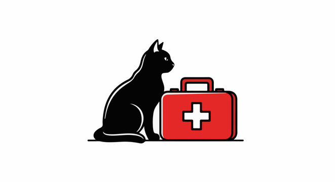 A black cat sits beside a red medical kit with a white cross