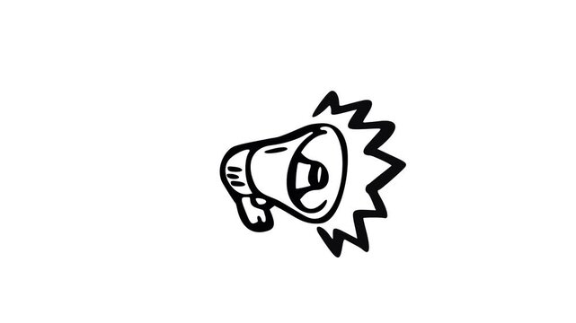 A black and white illustration of a megaphone with a speech bubble doodle animated 4k stock video