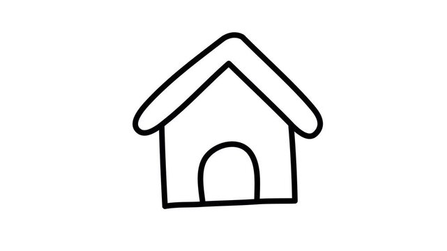 Simple line drawing of a house with a triangular roof and arched doorway isolated on white background doodle animated 4k stock video