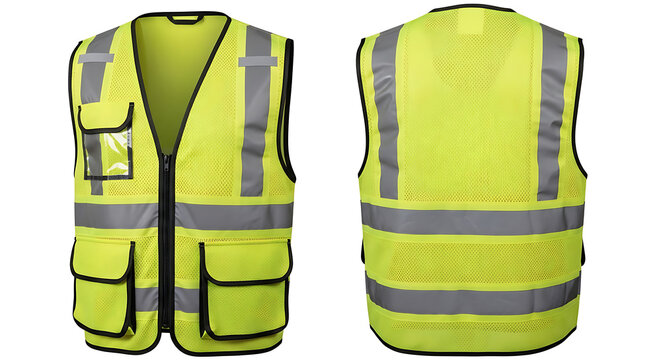Bright fluorescent yellow high-visibility safety vest with reflective stripes and pockets front and back view on white background for workplace safety personal protective equipment reflective mater