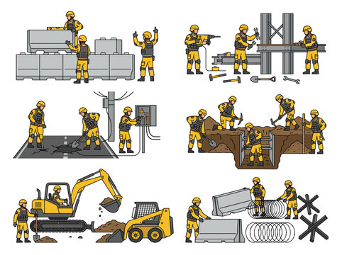 Army engineers performing tactical construction tasks, industrial building and maintenance vector collection
