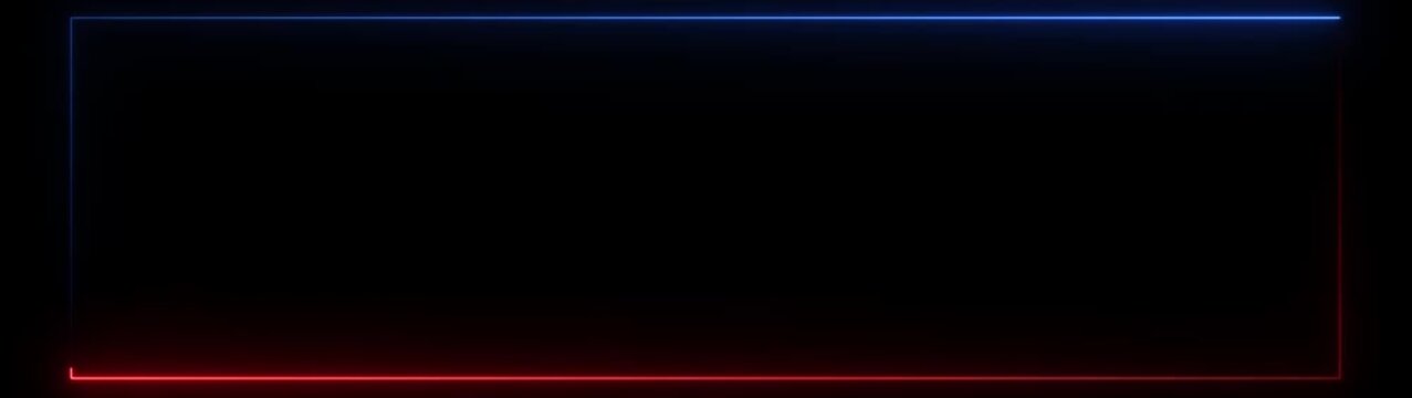 A striking rectangular frame composed of two distinct neon light colors a vibrant red on the right side and a deep blue on the left side, all set against a dark black background, creating a