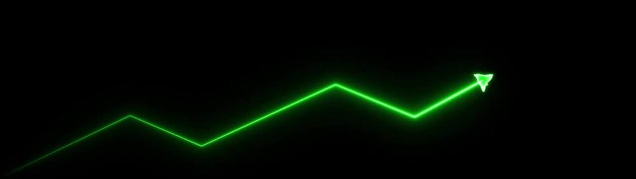 A green neon line graph ascending with a sharp arrow at its peak, set against a pure black background, symbolizing growth, success, and positive movement in a digital or abstract context