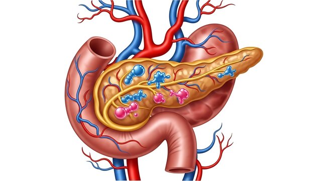 Detailed anatomical illustration of the human pancreas and surrounding organs.