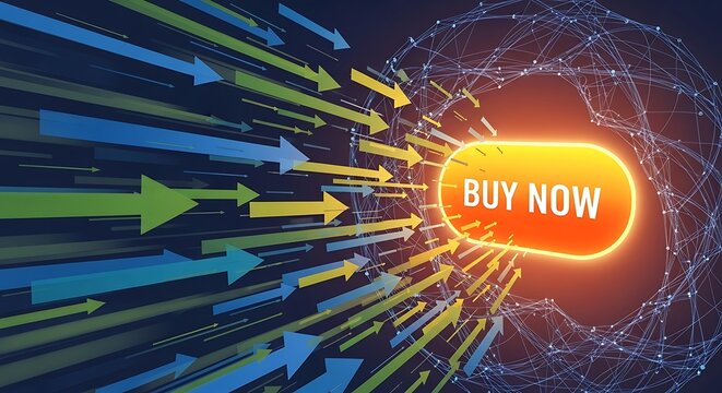buy now call to action conversion marketing funnel digital advertising concept arrows traffic to button transparent background.