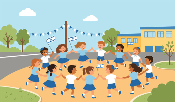 Kids running in a circle at Jewish school waving Israeli flags for Yom Haatzmaut celebration. Cute children playing outside with friends for education on independence day or festive holiday activity