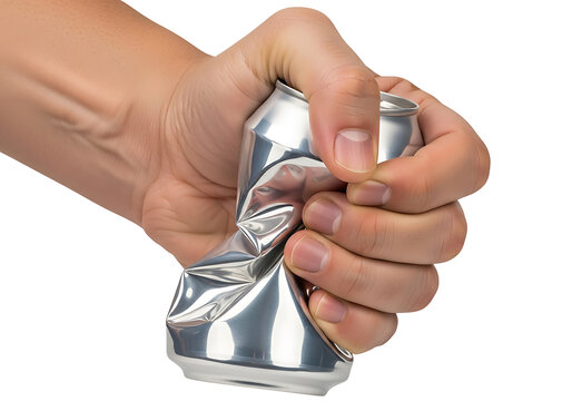 Hand crushing aluminum beverage can for recycling on white background with crushing aluminum beverage recycling environment environmental conservation strength isolated