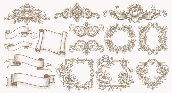Collection of vintage decorative elements, borders, and corners on light background.